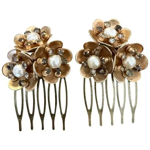 Bridal Floral Hair Combs Gold Flower Pearl Wedding Accessories Vintage Jewelry - Picture 4 of 6